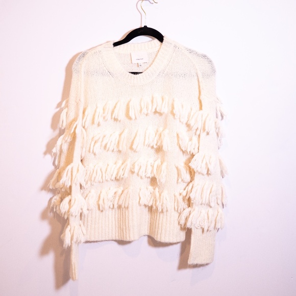 Cinq A Sept Aurelia Mohari Wool Blend Knit Stretch Fringe Pullover Sweater Ivory - Picture 1 of 4